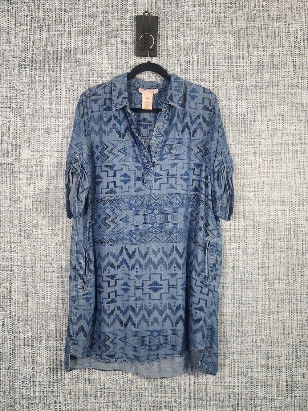 Philosophy Aztec Tencel Shirt Dress Large Blue Tribal Geometric Roll Tab Pockete